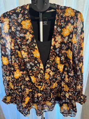 Old Navy Black Sheer Peplum Blouse with Yellow Floral size 3X